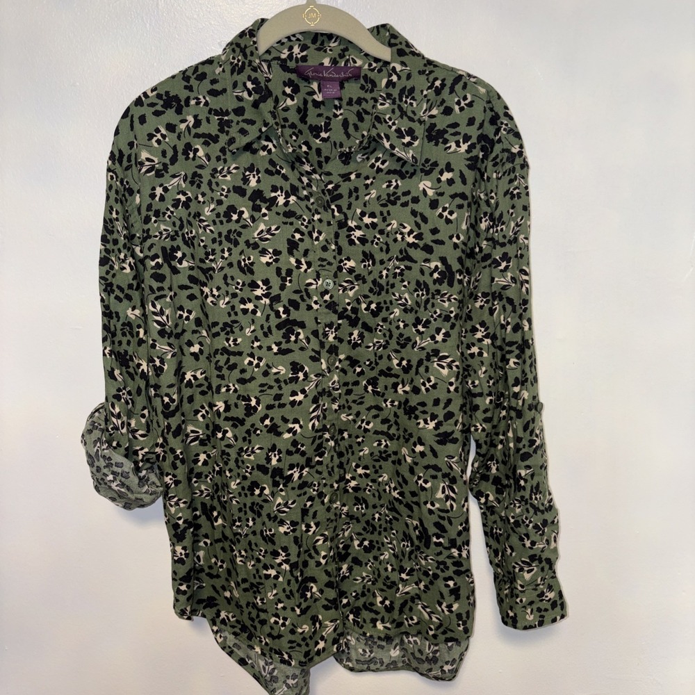 Gloria Vanderbilt Button Down Shirt Blouse Sz PL GREEN AND BLACK
